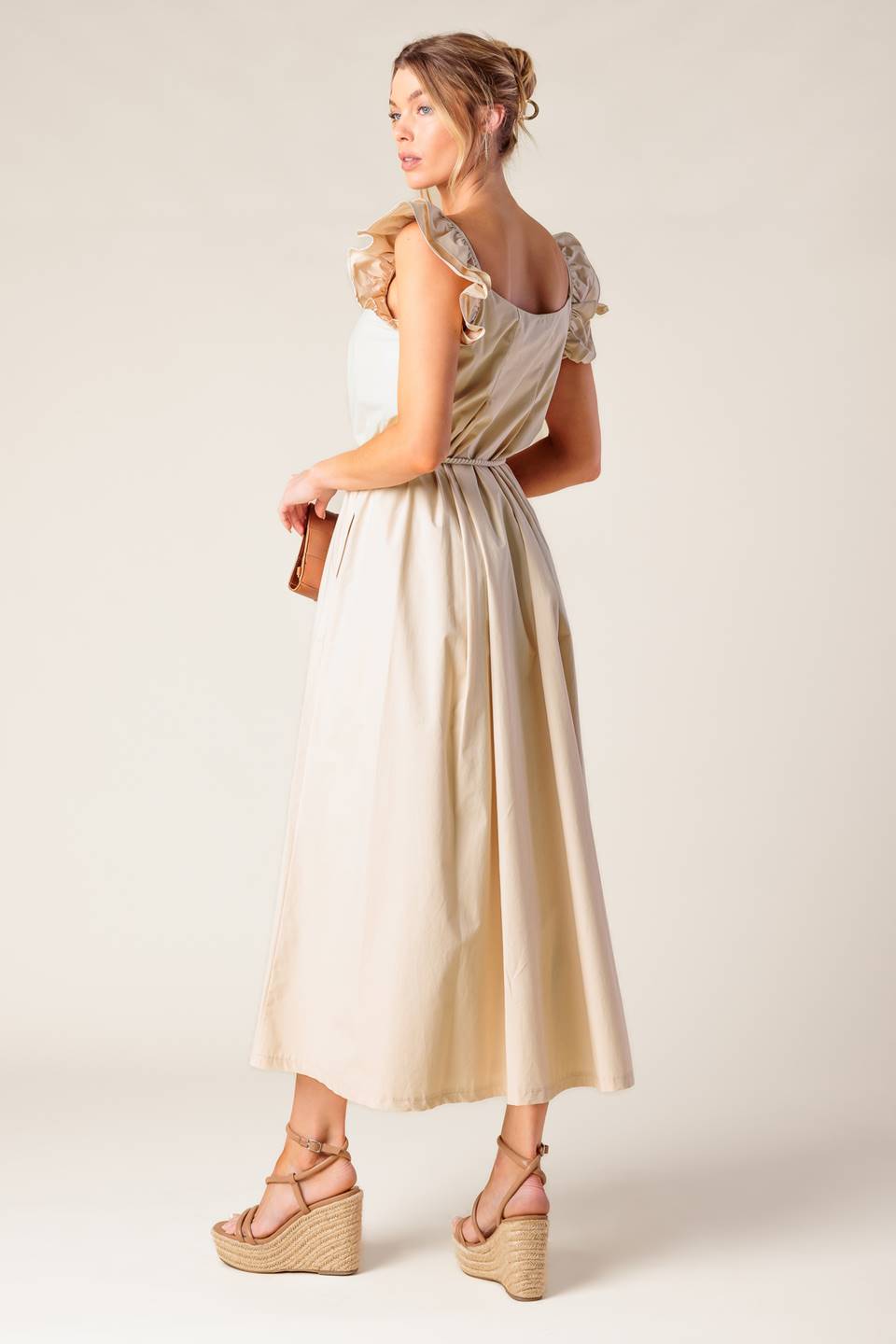 CHAMPAGNE TOAST TAUPE WOVEN MIDI DRESS Flying Tomato